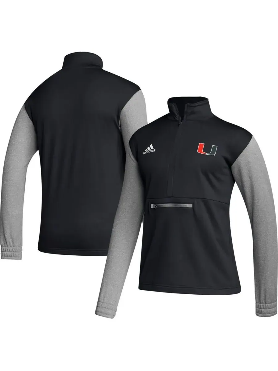 Adidas Мужская черная футболка Miami Hurricanes Sideline AEROREADY с половинной молнией