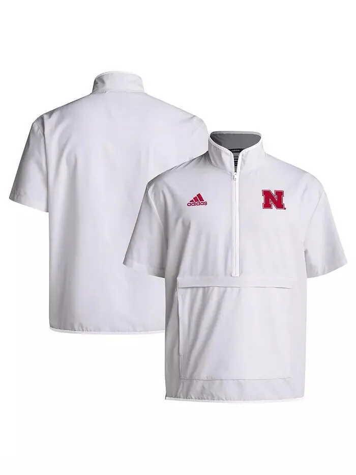 Мужская белая куртка Nebraska Huskers Coaches Sideline с коротким рукавом и полумолнией adidas