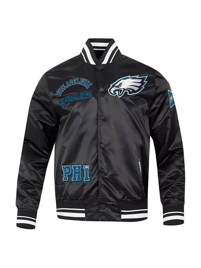 Мужская черная куртка Philadelphia Eagles с полной застежкой на молнии, сатиновая, с сублимационной — изображение 4 из 5