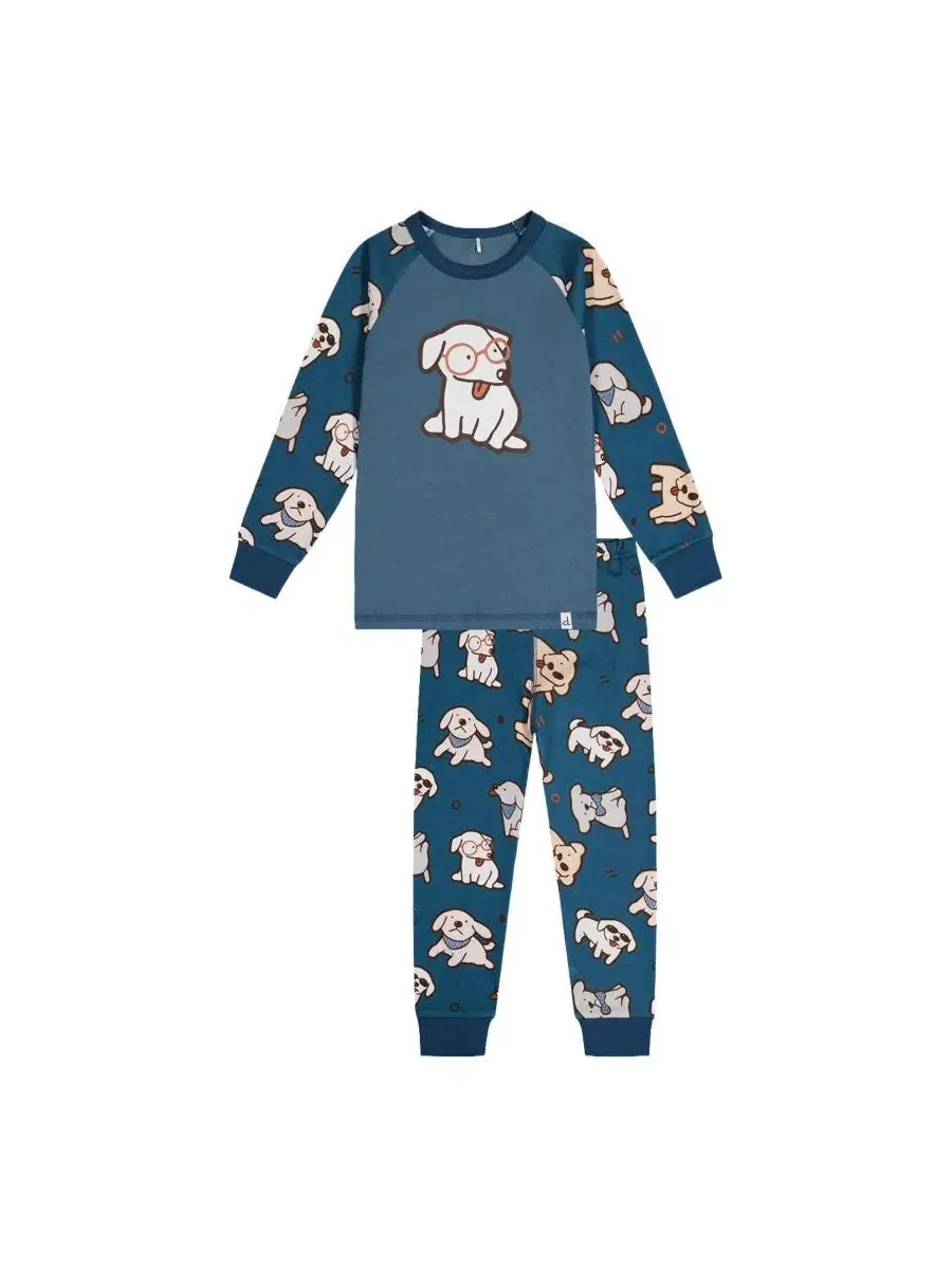 Детская пижама из хлопка с принтом собак Deux par Deux, Turquoise Printed Dogs
