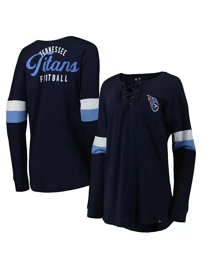 Женская темно-синяя футболка Tennessee Titans Athletic Varsity со шнуровкой и длинными рукавами New — изображение 1 из 2
