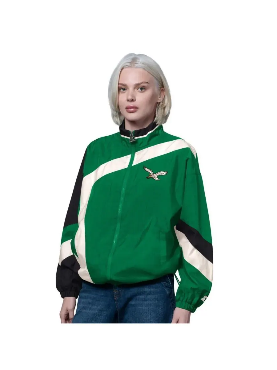 Starter Женская ветровка на молнии, цвет ярко-зеленый/черный, с символикой Philadelphia Eagles