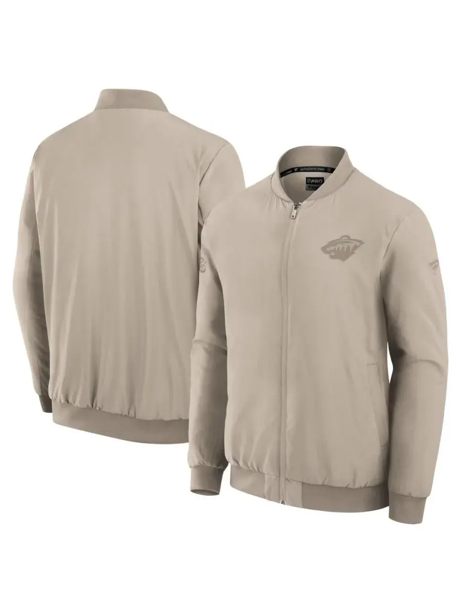 Fanatics Мужская легкая куртка-бомбер на молнии Minnesota Wild Authentic Pro Road бежевого цвета