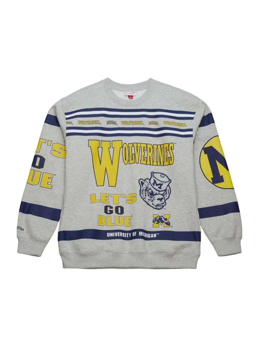 Mitchell & Ness Мужская серая толстовка с принтом "Мичиган Росомаха" по всей поверхности