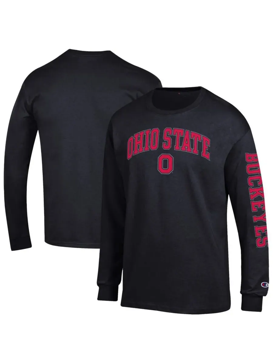Champion Мужская черная футболка с длинным рукавом Ohio State Buckeyes Arch Over Logo 2-Hit