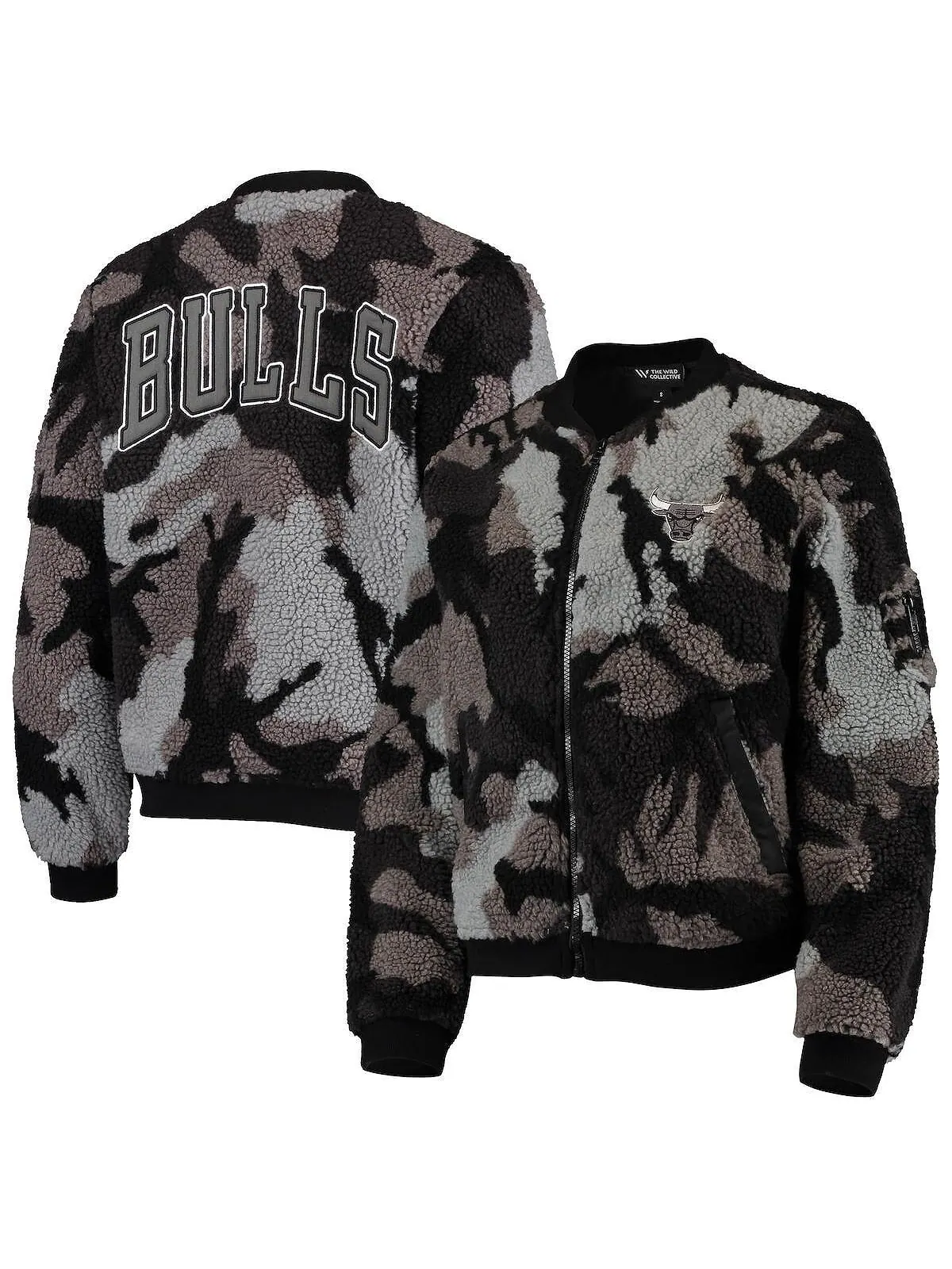 Черная женская куртка-бомбер с молнией во всю длину из шерпы Chicago Bulls Camo The Wild Collective