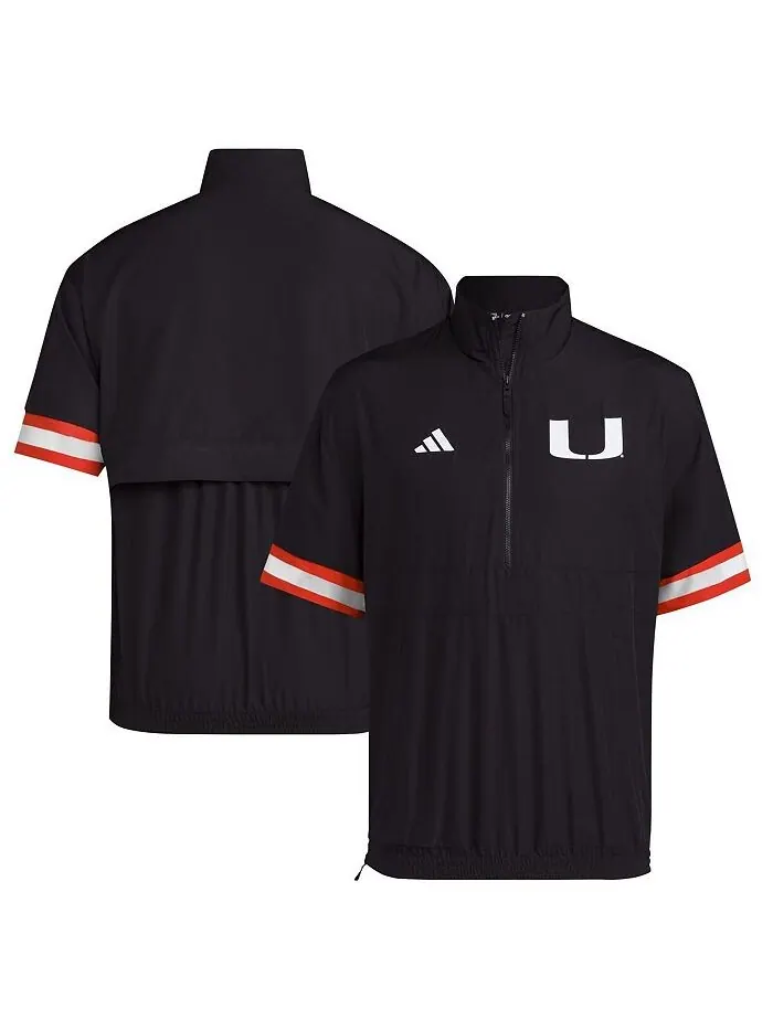 Мужская черная куртка Miami Hurricanes Strategy с короткими рукавами и молнией до половины adidas