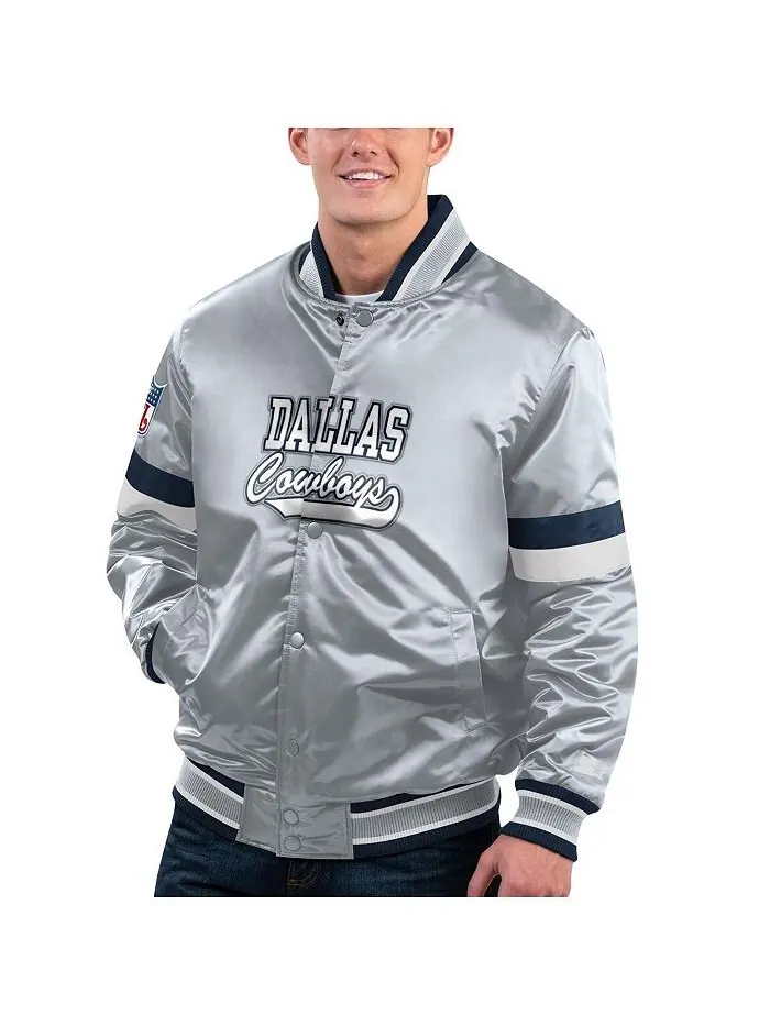 Мужская серая университетская куртка Dallas Cowboys Home Game из атласа с застежкой на пуговицы
