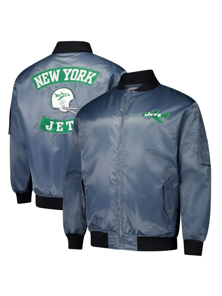 Mitchell & Ness Мужская куртка-бомбер на молнии, цвет угольно-серый, с символикой New York Jets