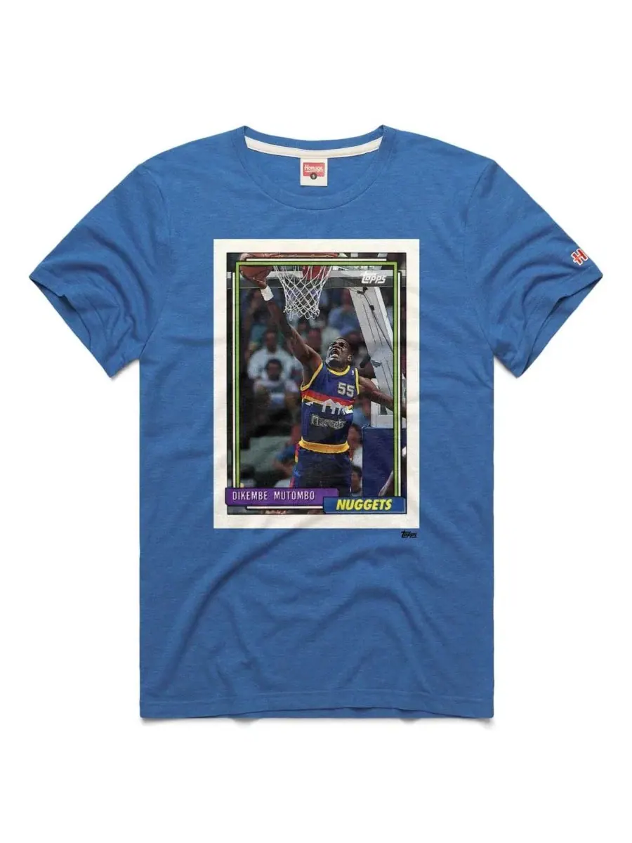 Футболка с принтом Dikembe Mutombo Blue Denver Nuggets Topps Trading Card Player Tri-Blend Homage