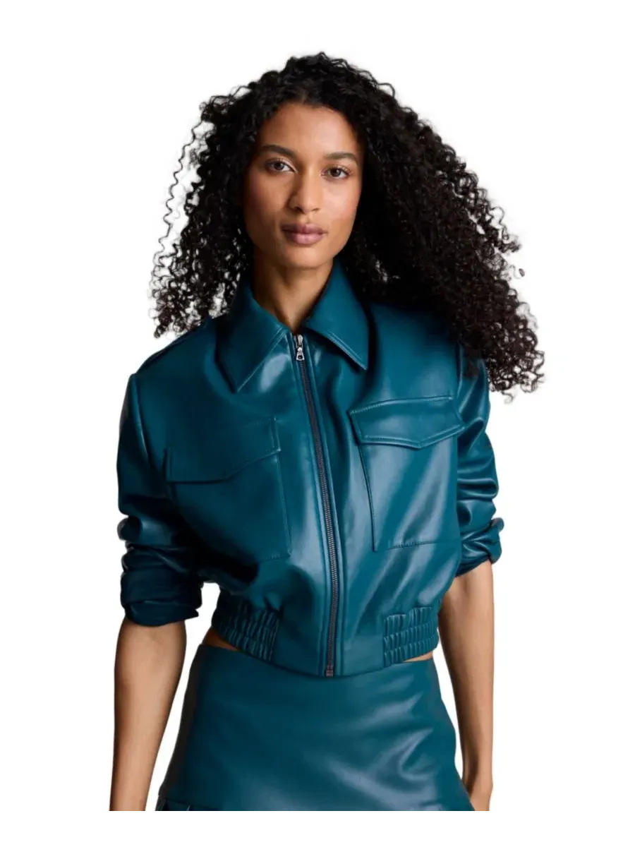 Женская куртка-бомбер из кожзама, укороченная, с молниями Kenneth Cole, Teal Dusk