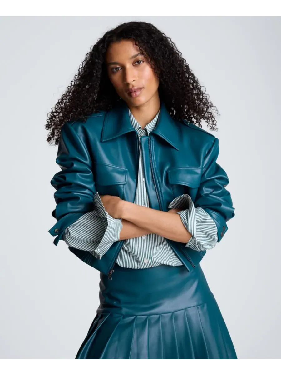 Женская куртка-бомбер из кожзама, укороченная, с молниями Kenneth Cole, Teal Dusk — изображение 2 из 10