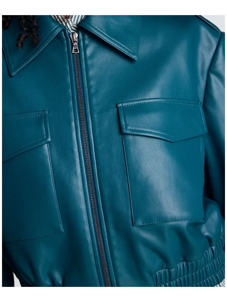 Женская куртка-бомбер из кожзама, укороченная, с молниями Kenneth Cole, Teal Dusk — изображение 6 из 10