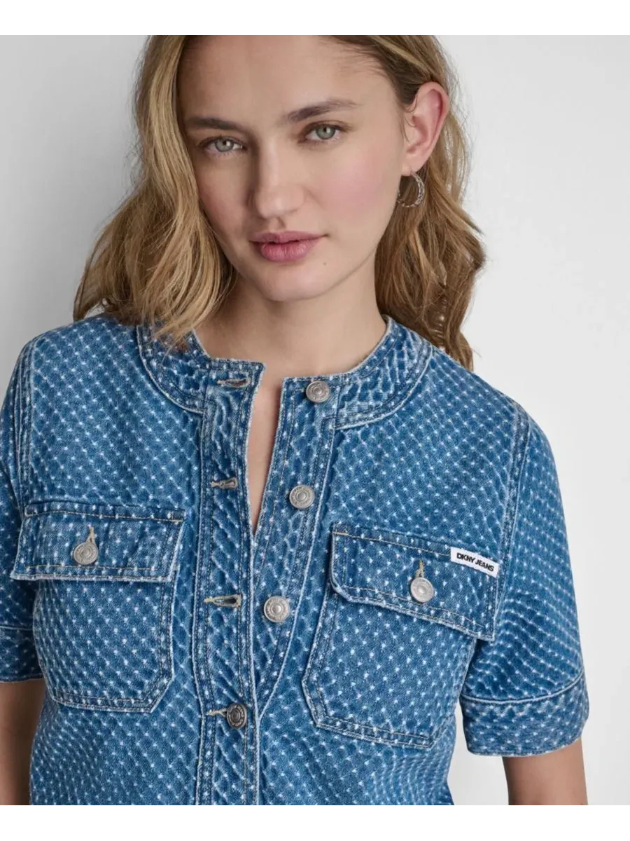 Жакет джинсовый укороченный с нашивными карманами и коротким рукавом Boucle Denim Shirt Jacket DKNY — изображение 6 из 8