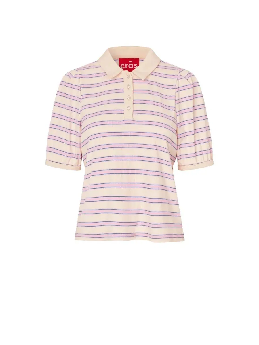 Женская поло-рубашка Kleo Striped с коротким рукавом CRAS, Creme Lilac Stripe — изображение 3 из 5