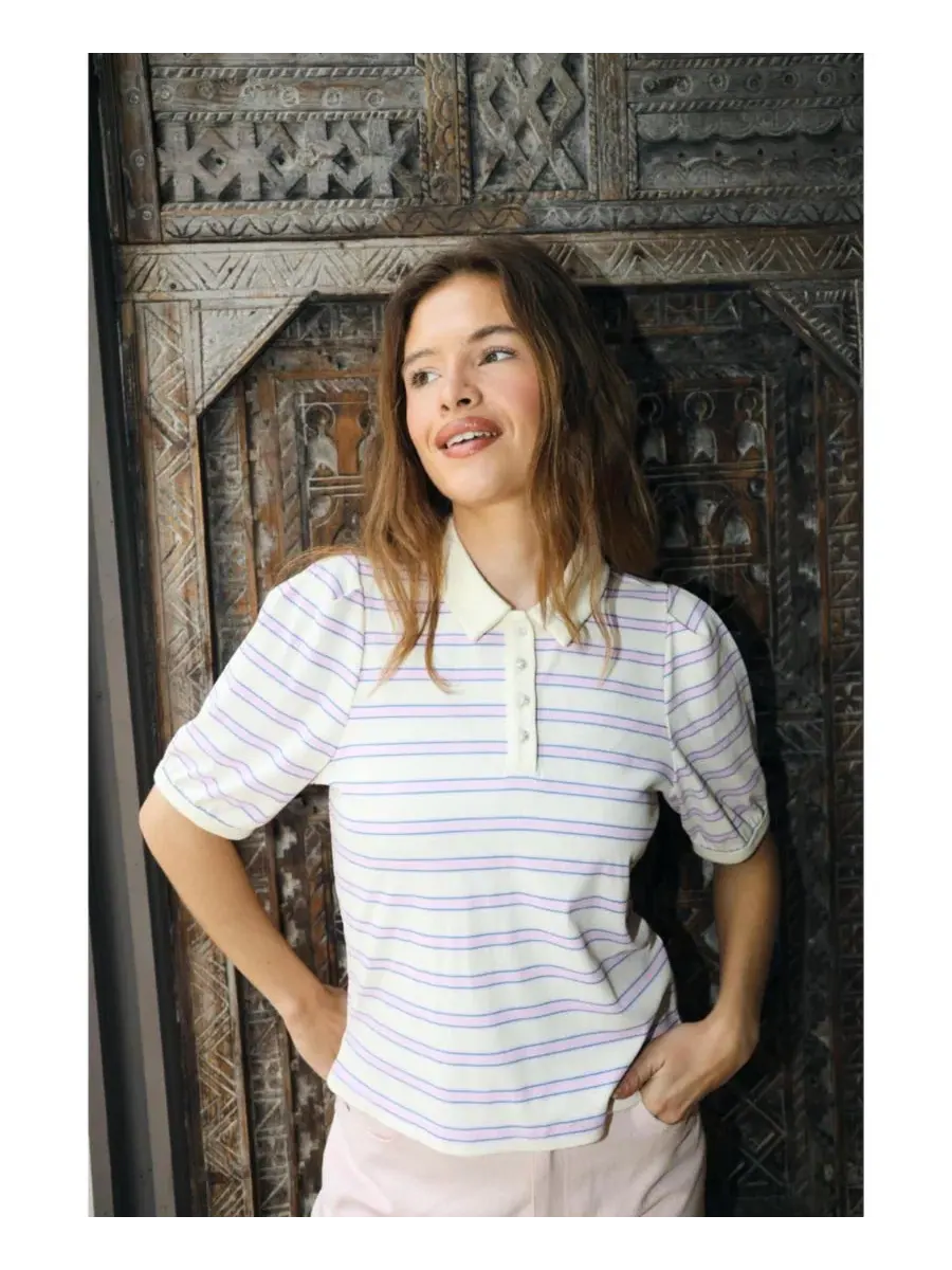 Женская поло-рубашка Kleo Striped с коротким рукавом CRAS, Creme Lilac Stripe — изображение 5 из 5
