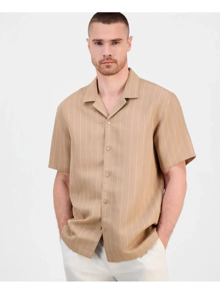 Рубашка с коротким рукавом из льняной смеси Alfani, Simple Stripe Yd - Vermont Maple