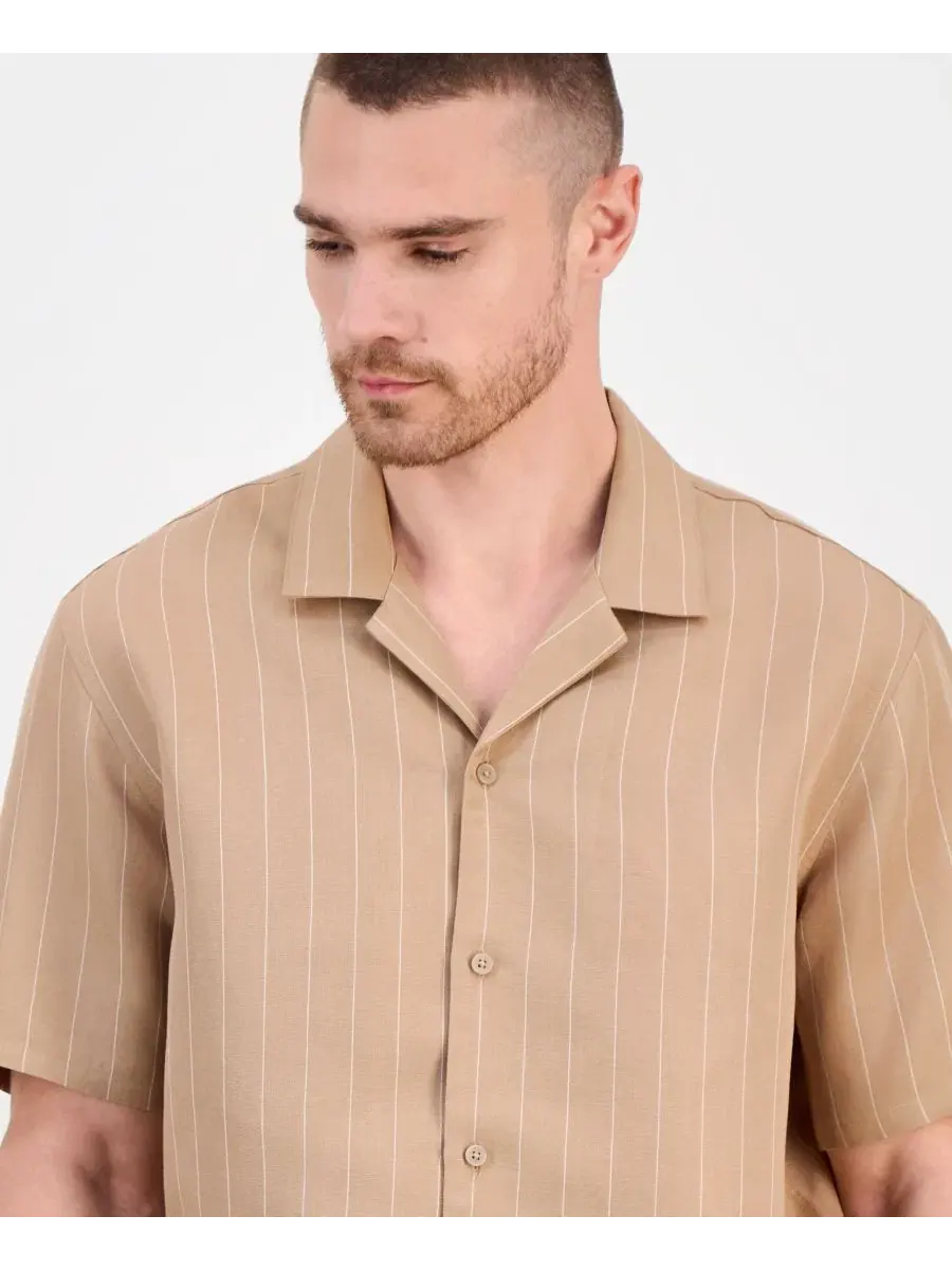 Рубашка с коротким рукавом из льняной смеси Alfani, Simple Stripe Yd - Vermont Maple — изображение 3 из 4