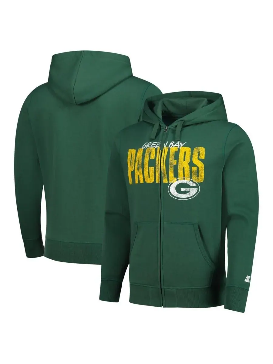 Starter Мужская зеленая толстовка на молнии с принтом «Green Bay Packers» в классическом стиле