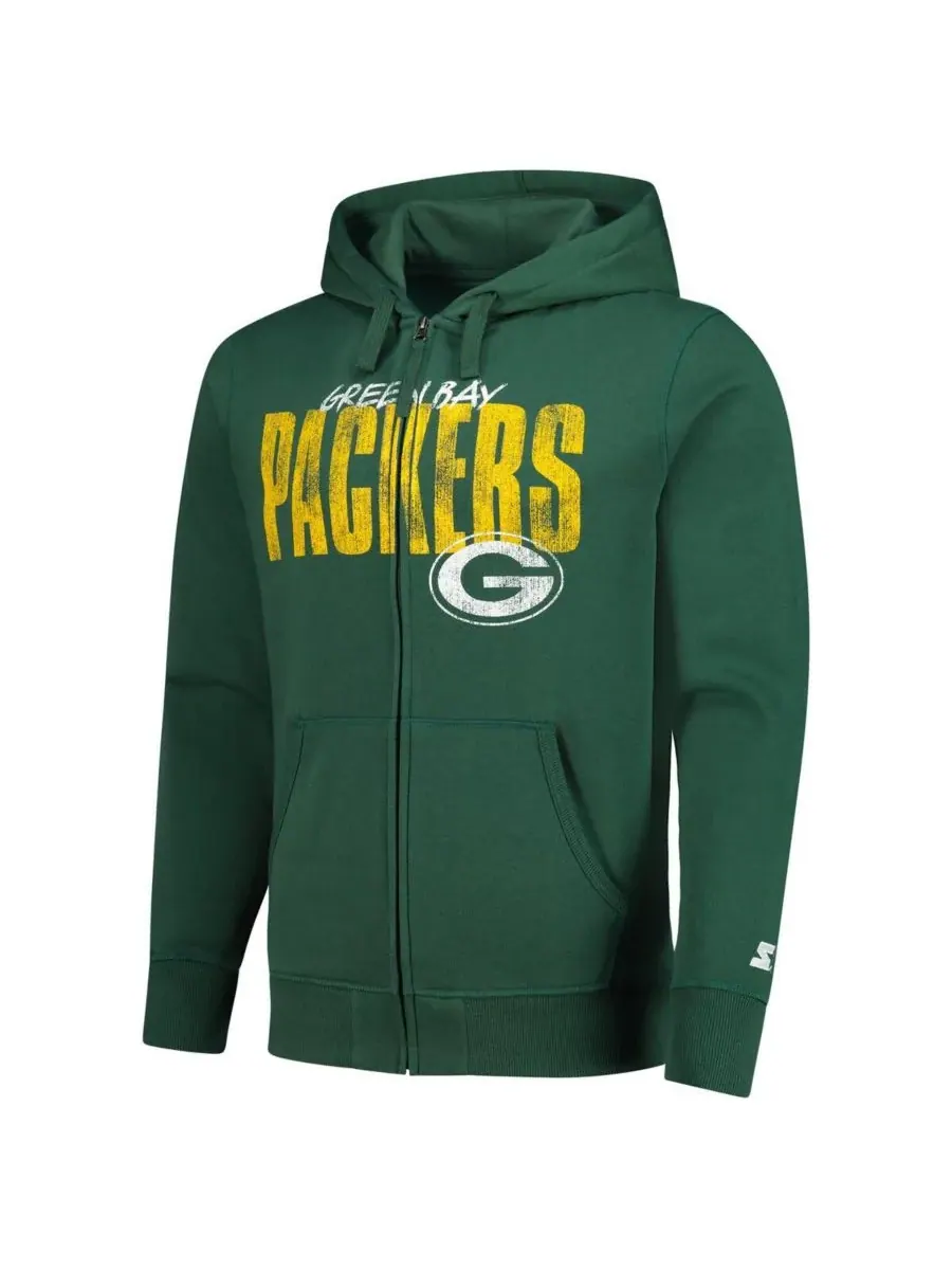 Starter Мужская зеленая толстовка на молнии с принтом «Green Bay Packers» в классическом стиле — изображение 2 из 3, зеленый
