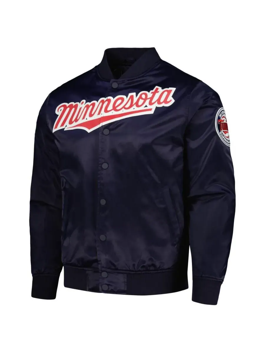 Pro Standard Мужская темно-синяя атласная куртка Minnesota Twins с логотипом команды и застежкой на — изображение 2 из 3