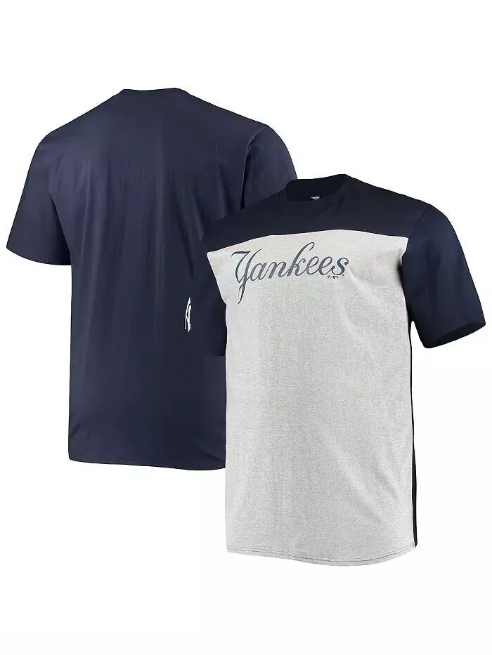 Мужская темно-синяя и серо-меланжевая футболка New York Yankees Big and Tall Colorblock Fanatics — изображение 1 из 1