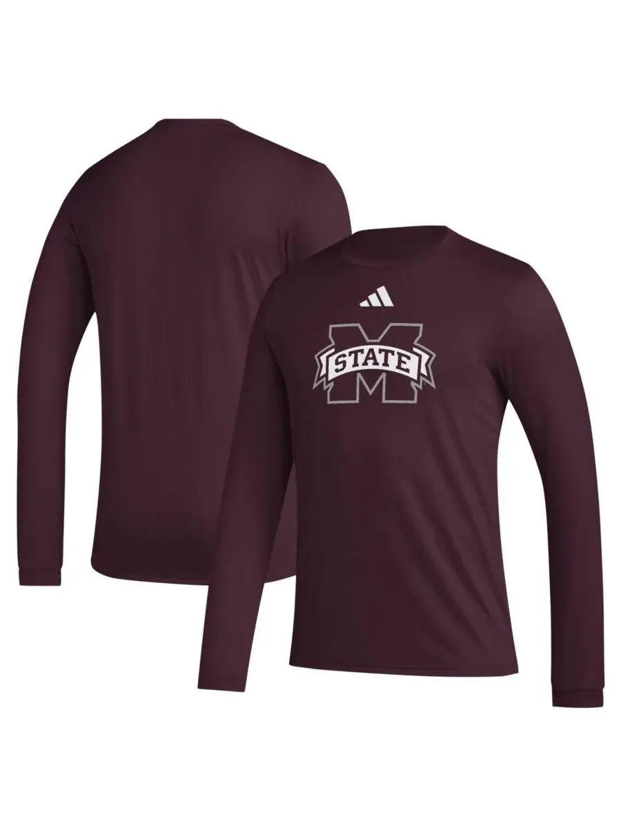Adidas Мужская футболка с длинным рукавом бордового цвета с логотипом команды Mississippi State