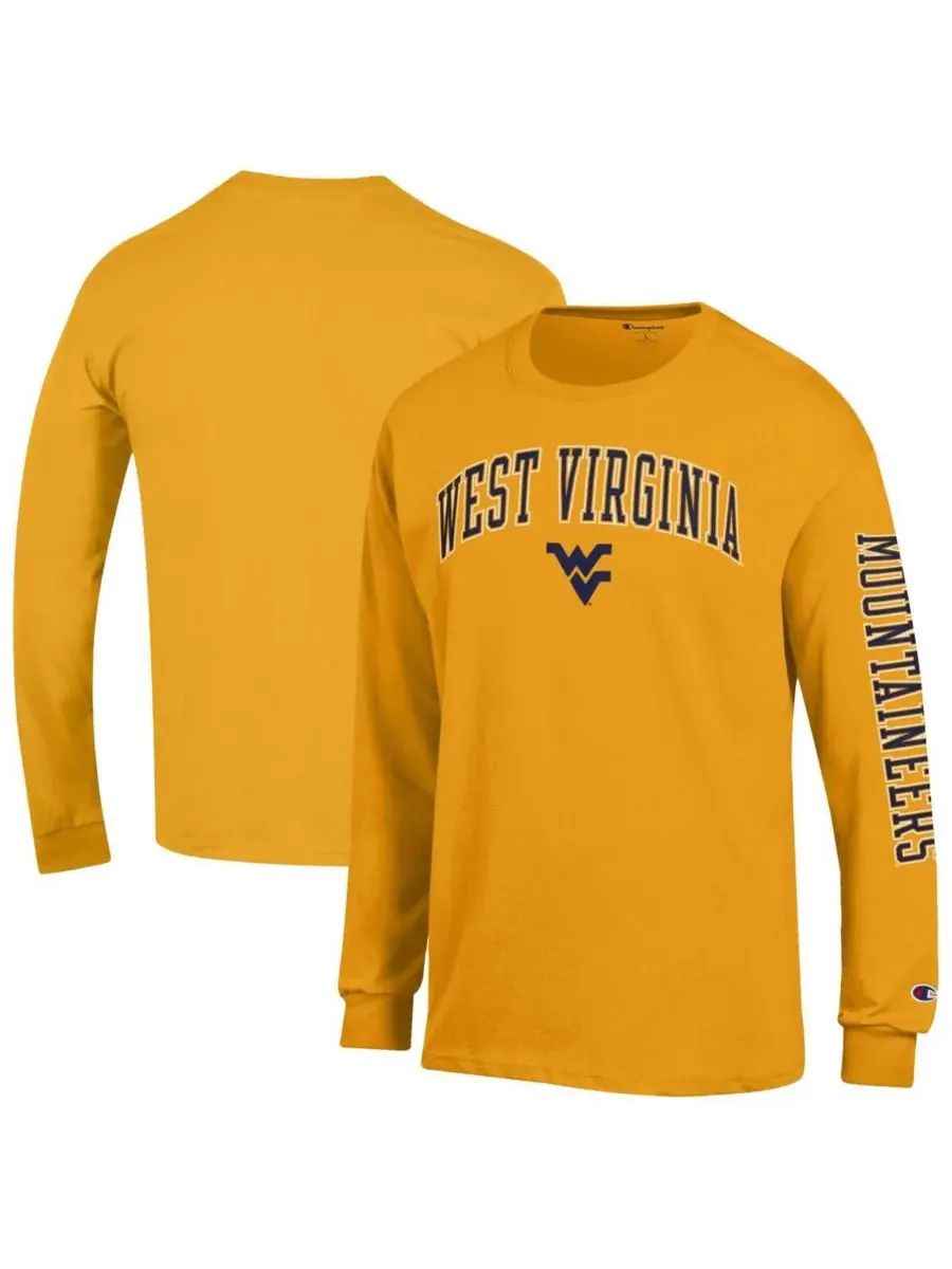 Мужская золотистая футболка с длинным рукавом West Virginia Mountaineers Arch Over Logo 2-Hit