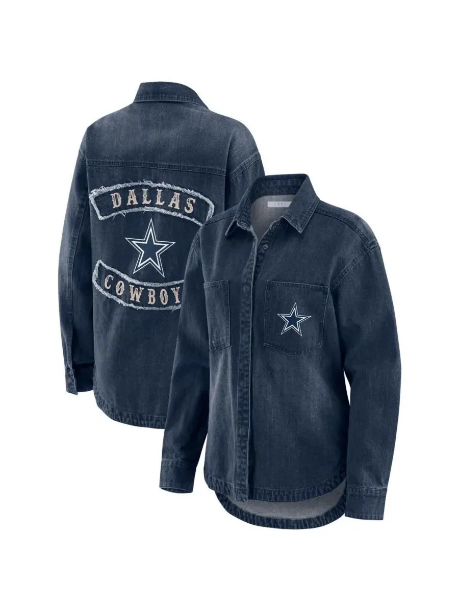 Женская джинсовая куртка-рубашка Dallas Cowboys, с эффектом потертости, свободного кроя, на кнопках