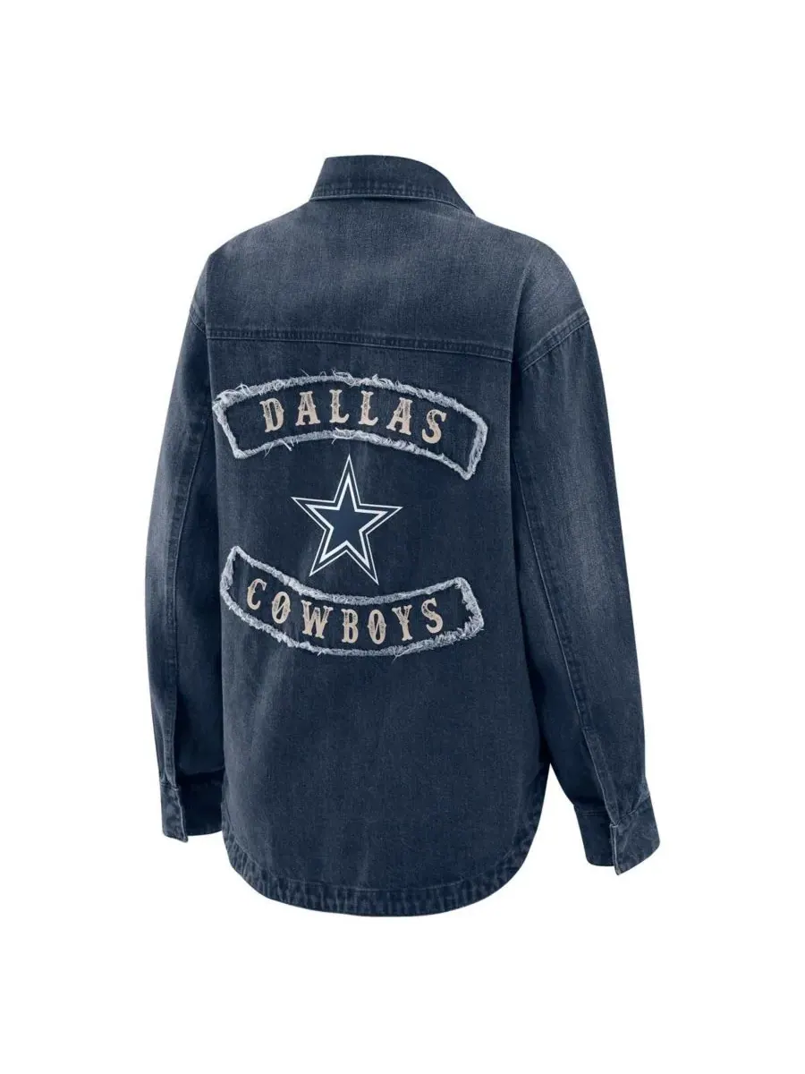 Женская джинсовая куртка-рубашка Dallas Cowboys, с эффектом потертости, свободного кроя, на кнопках — изображение 3 из 3