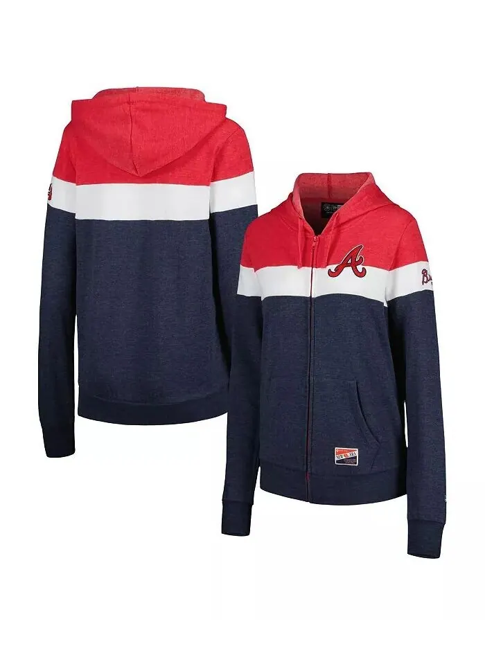 Женская темно-синяя куртка с капюшоном и молнией во всю длину Atlanta Braves Colorblock New Era