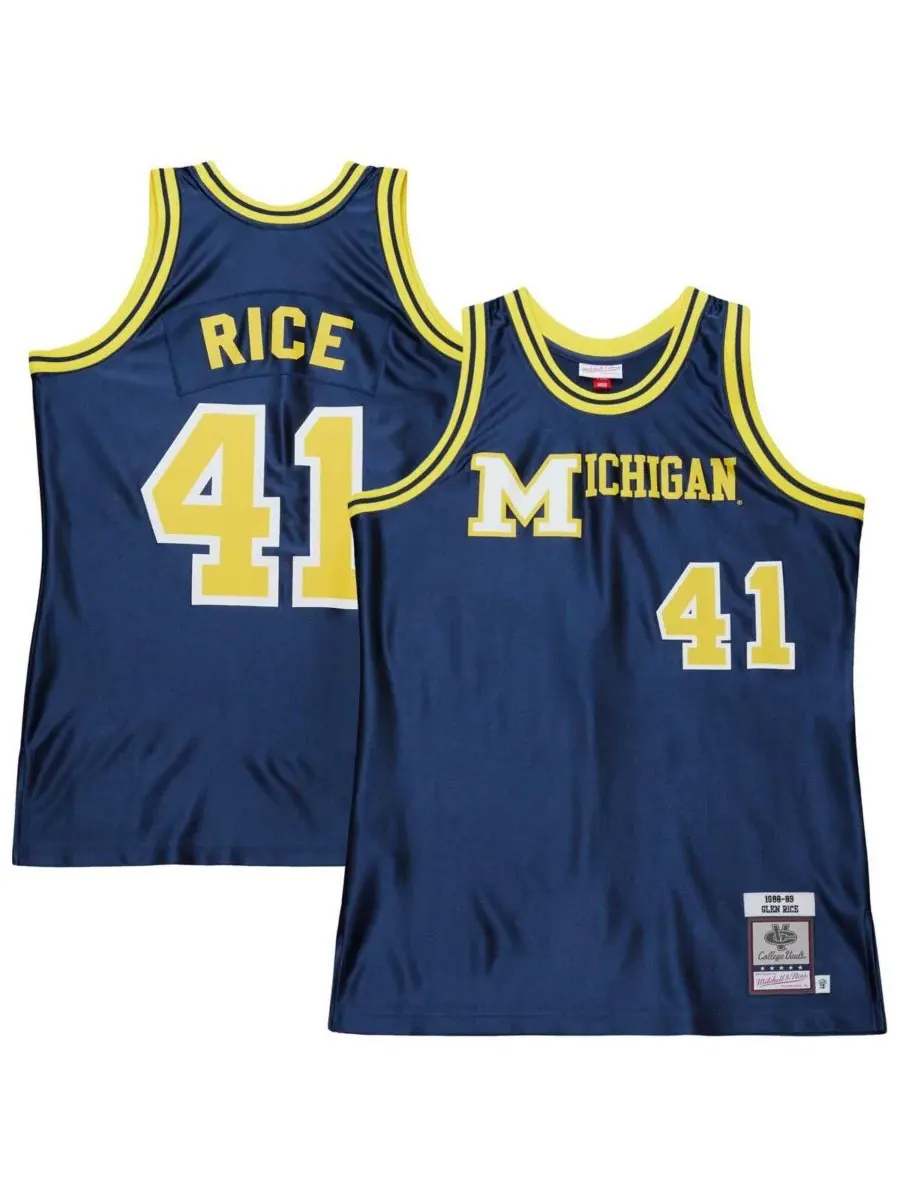 Mitchell & Ness Мужская темно-синяя футболка Глена Райса, команда «Мичиган Вулверинс», сезон 1988/89