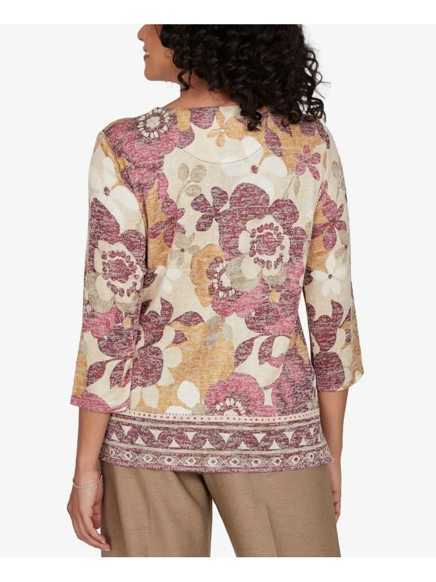 Блуза с принтом, 3/4 рукав, Petite Union Square Exploded Floral Geo Border Alfred Dunner, Tanmult — изображение 5 из 5