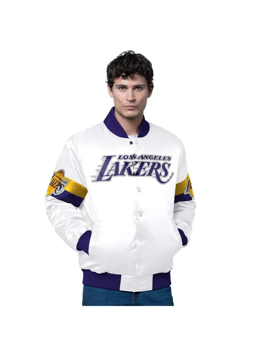 Starter Мужская белая атласная куртка Los Angeles Lakers Triple Option Varsity с застежкой на
