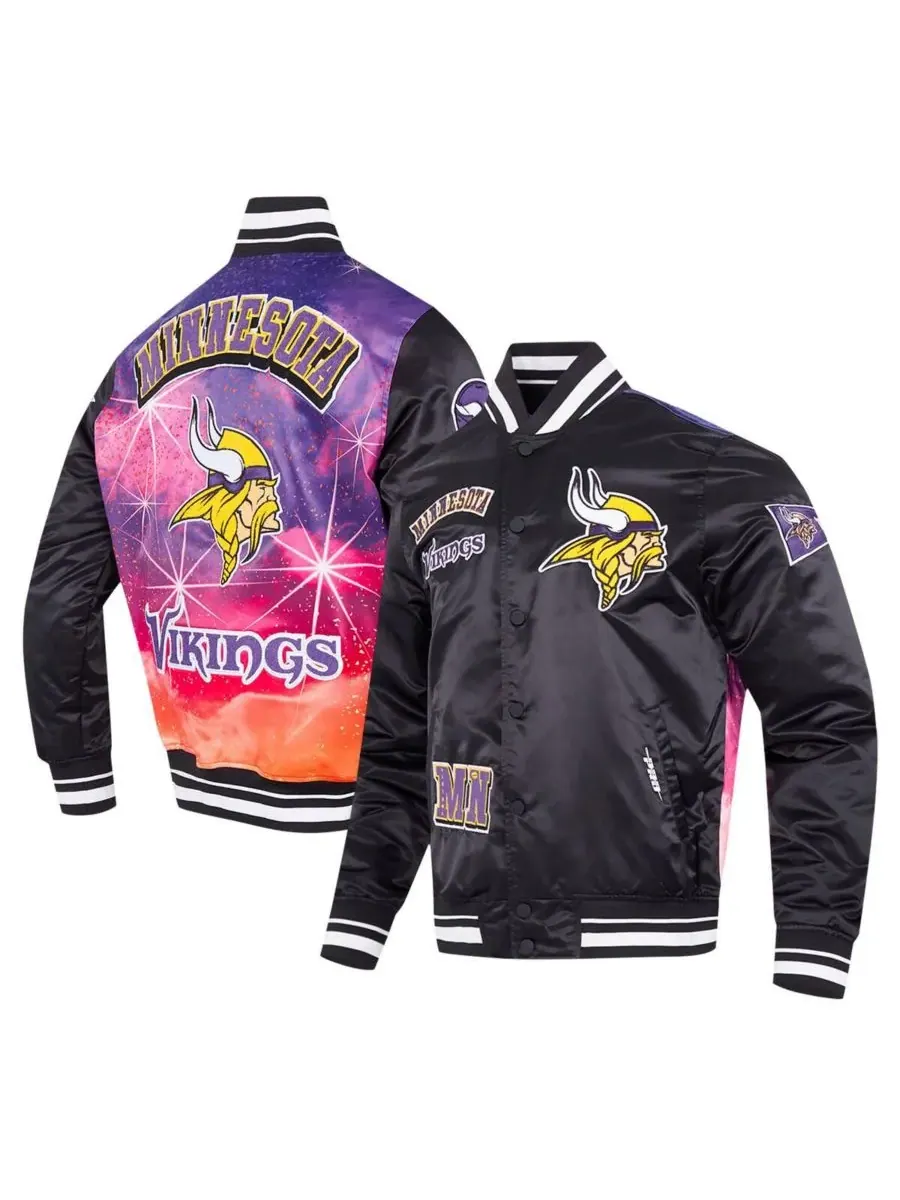 Pro Standard Мужская черная атласная куртка Minnesota Vikings с сублимационной печатью и застежкой