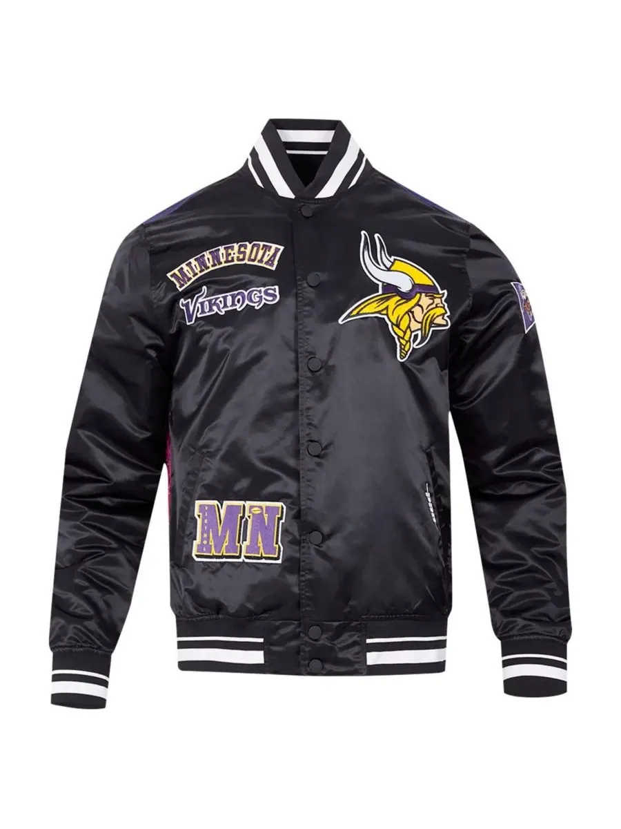 Pro Standard Мужская черная атласная куртка Minnesota Vikings с сублимационной печатью и застежкой — изображение 3 из 5