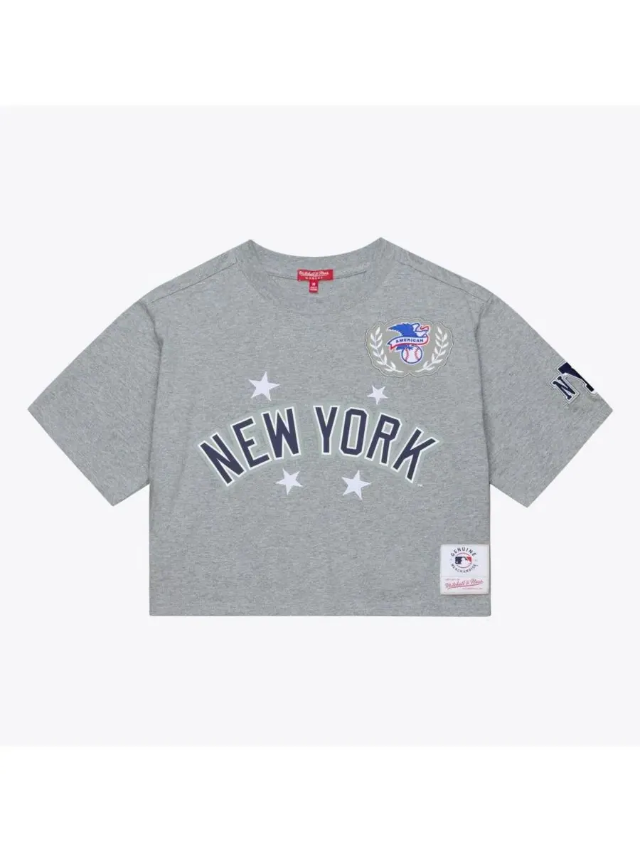 Женская укороченная футболка свободного кроя цвета «Хизер Грей» с символикой New York Yankees