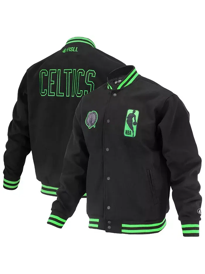 Мужская и женская черная бейсбольная куртка на молнии с логотипом Boston Celtics из коллекции Man