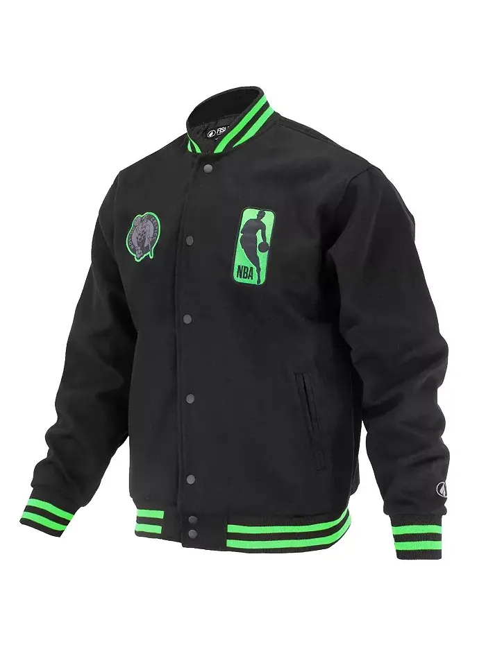 Мужская и женская черная бейсбольная куртка на молнии с логотипом Boston Celtics из коллекции Man — изображение 2 из 3