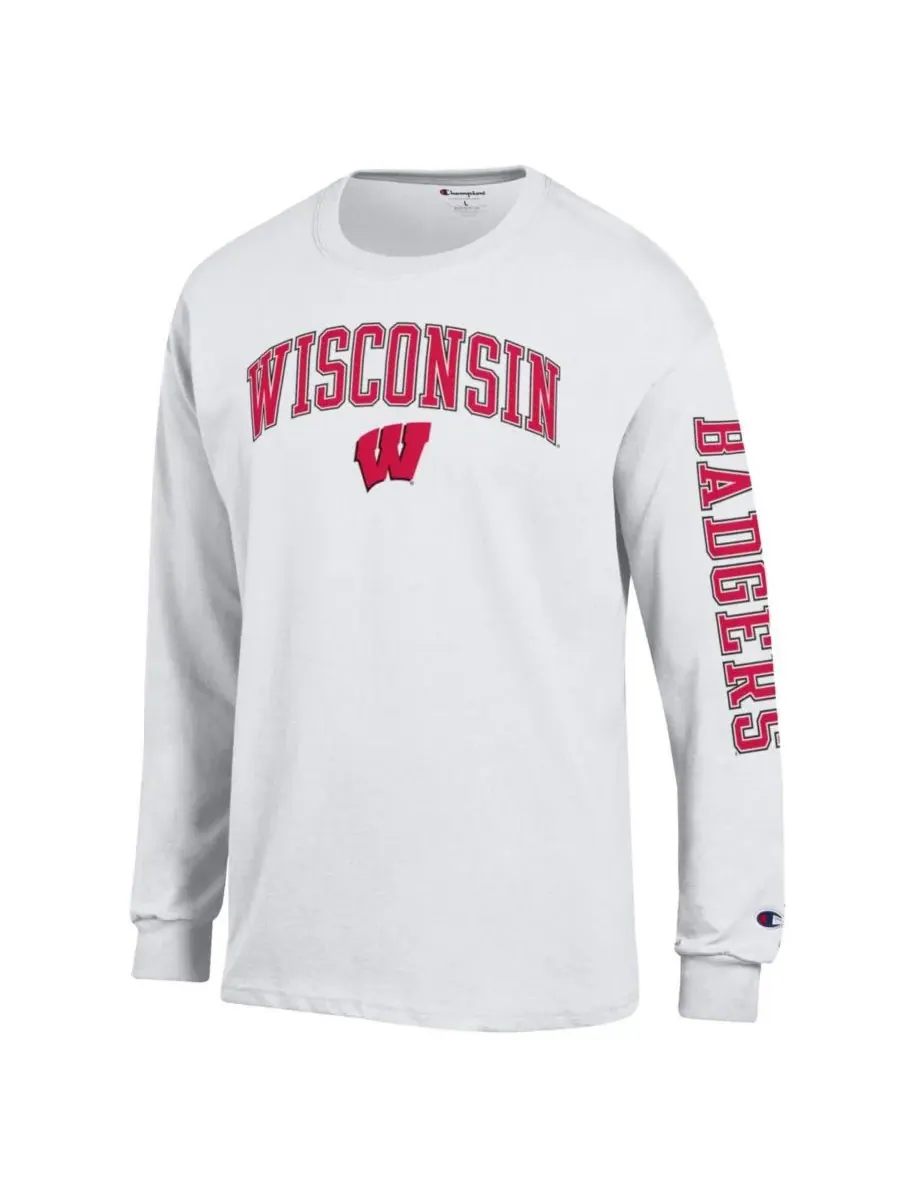 Champion Мужская белая футболка с длинными рукавами Wisconsin Badgers Arch Over Logo 2-Hit — изображение 3 из 3, белый