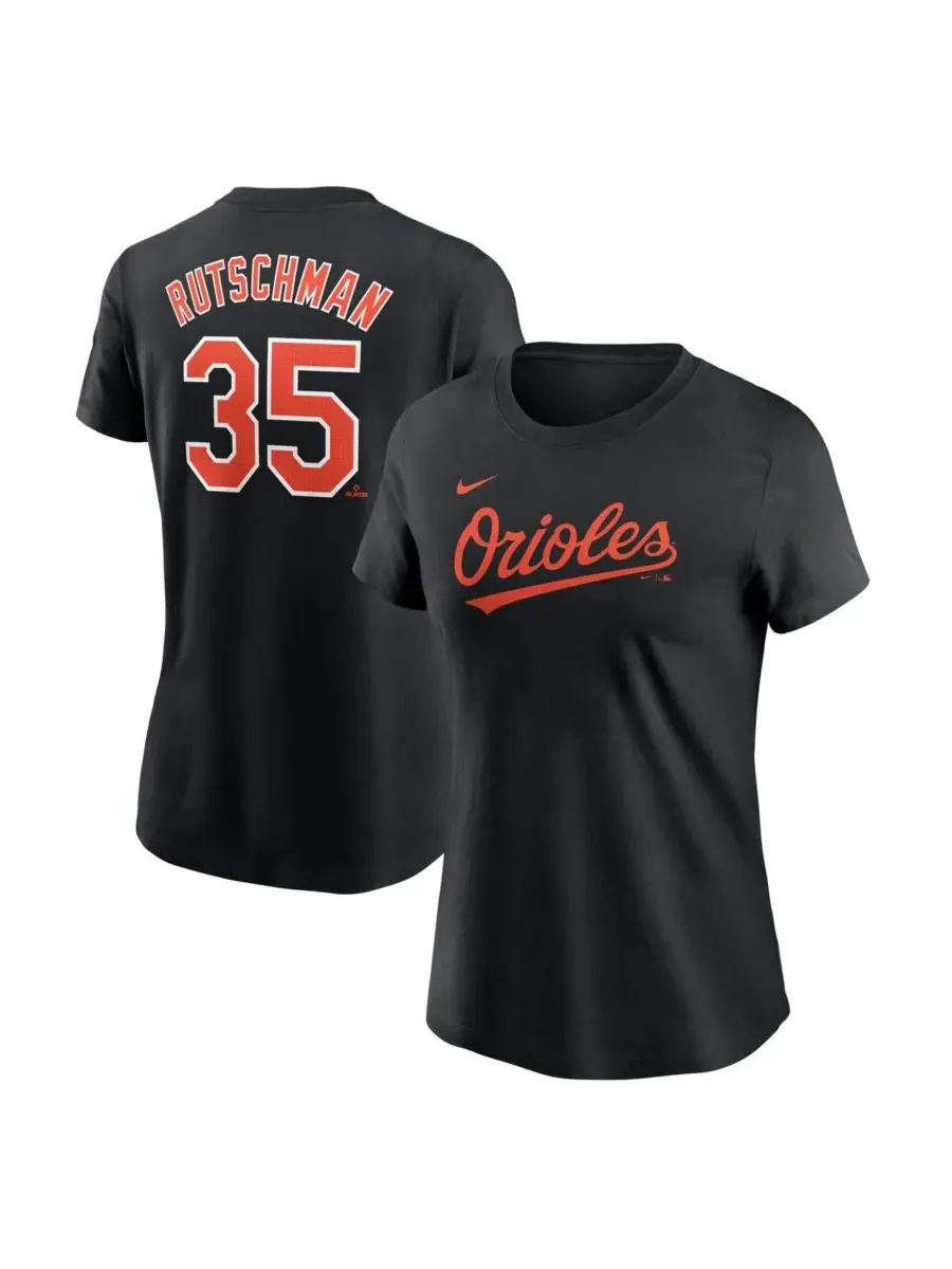 Nike Женская футболка Adley Rutschman Black Baltimore Orioles с номером и флажком
