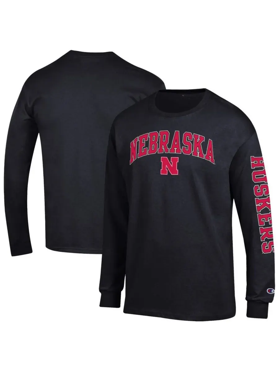 Champion Мужская черная футболка с длинным рукавом Nebraska Huskers Arch Over Logo 2-Hit
