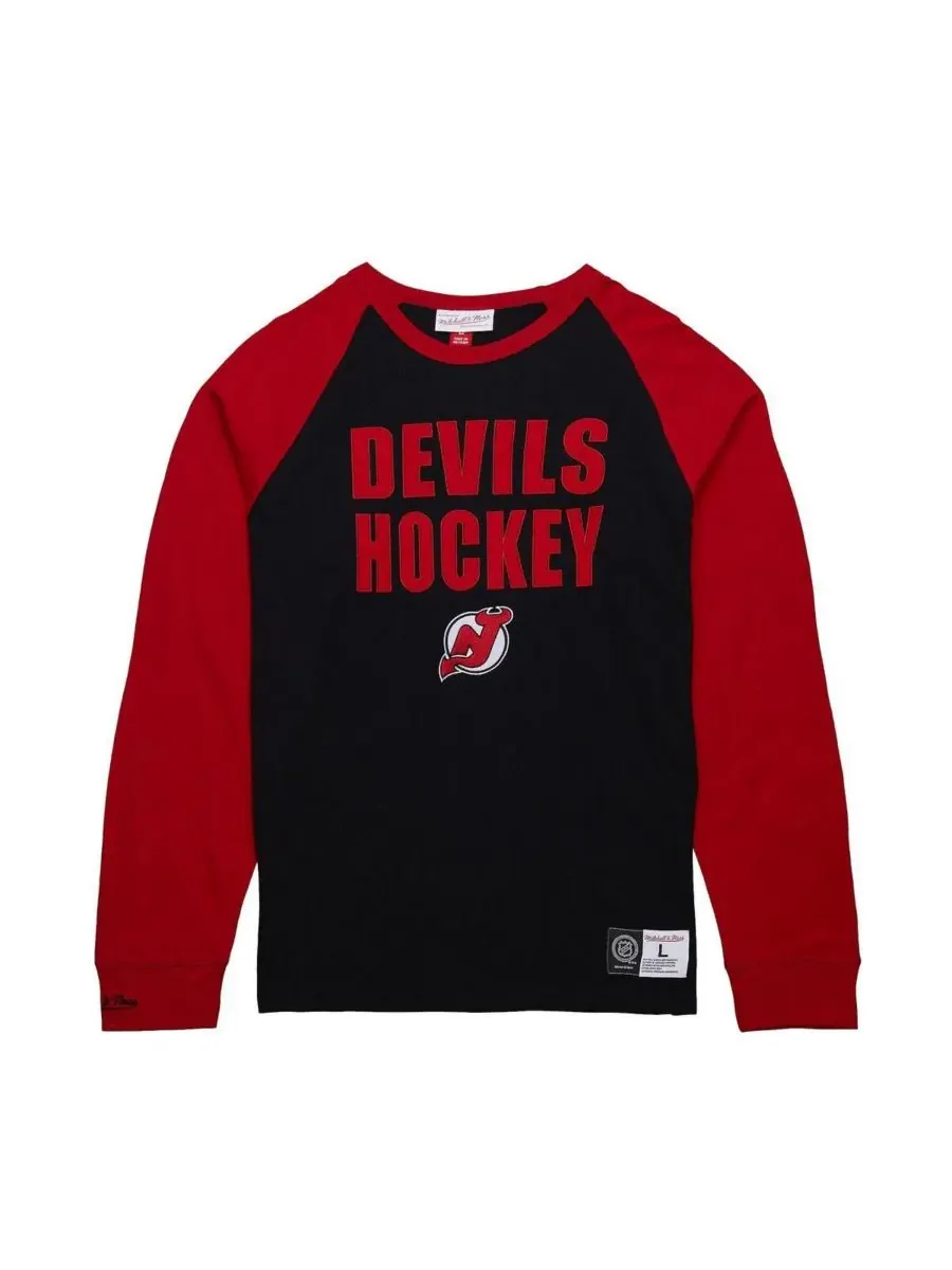 Mitchell & Ness Мужская черно-красная футболка с длинным рукавом-реглан с надписью "New Jersey