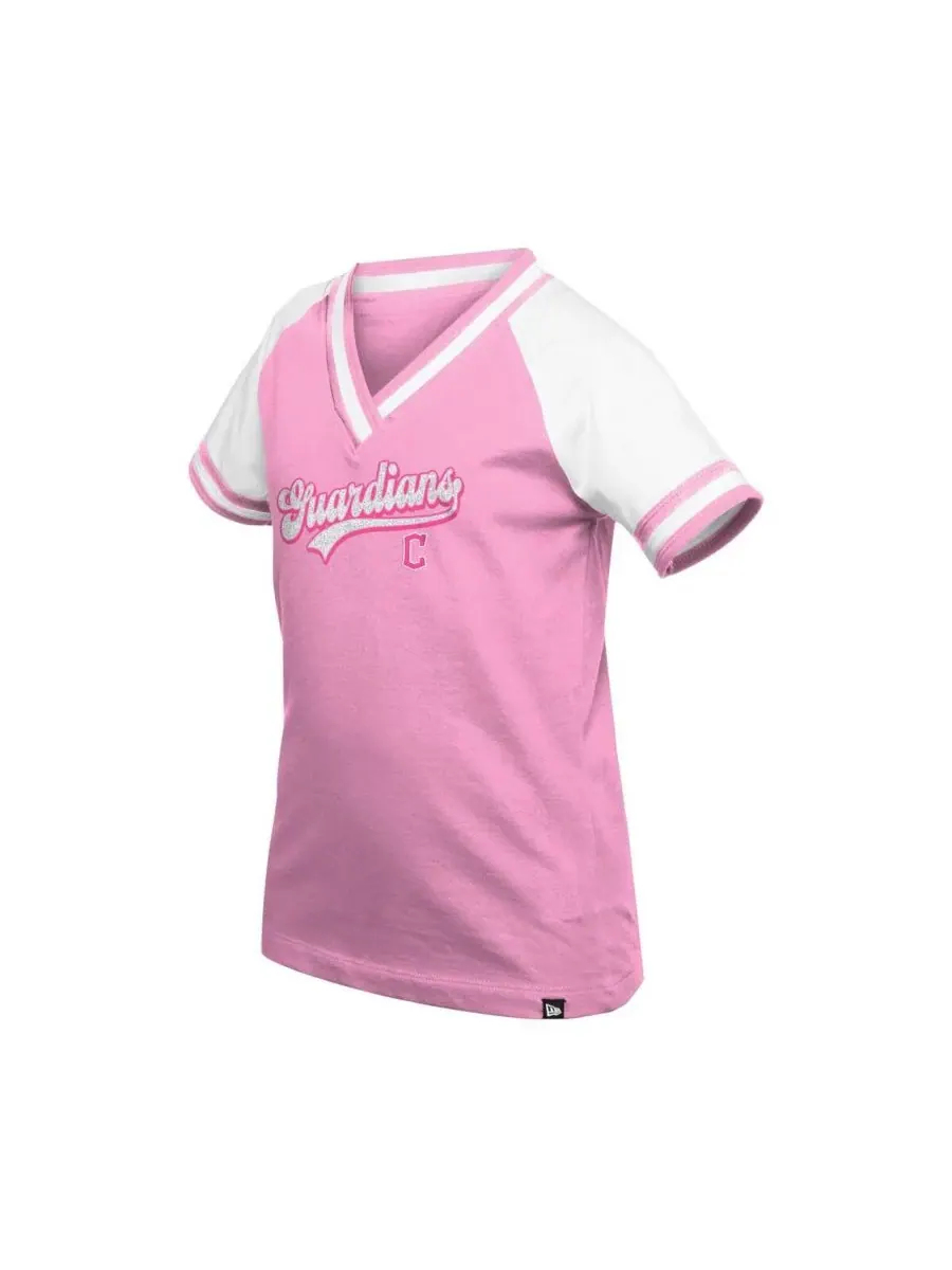 New Era Футболка-реглан с V-образным вырезом "Big Girls Pink Cleveland Guardians Mommy Me" — изображение 3 из 3, розовый