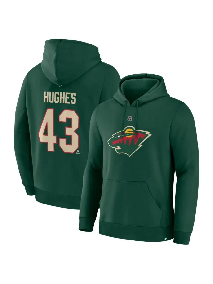 Мужская толстовка Quinn Hughes Green Minnesota Wild Authentic Stack с именем и номером Fanatics