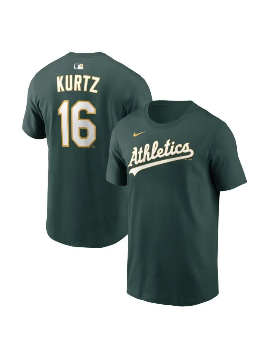 Мужская футболка Nick Kurtz Green Athletics Home с именем и номером игрока Nike