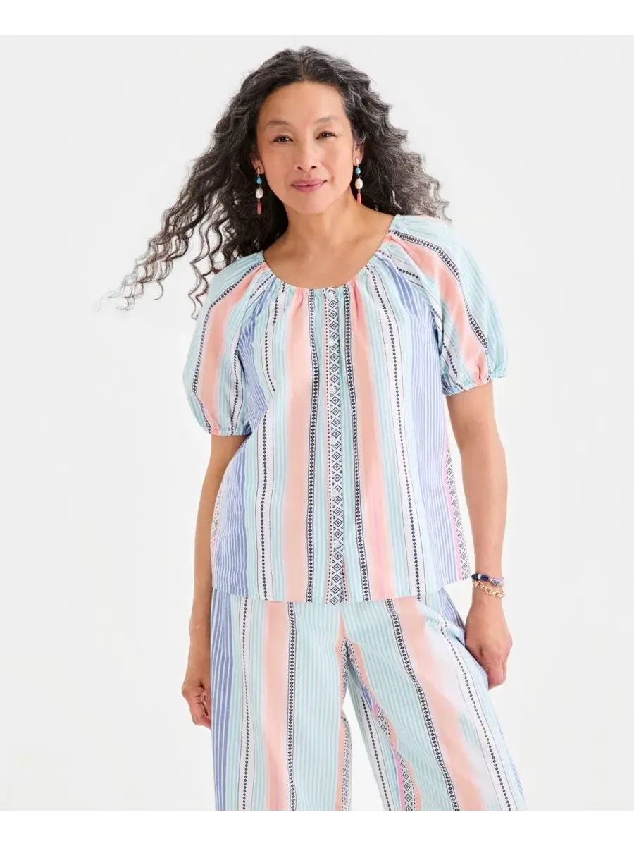 Блуза с коротким рукавом-фонарик с принтом Style & Co, Stripe Turquoise