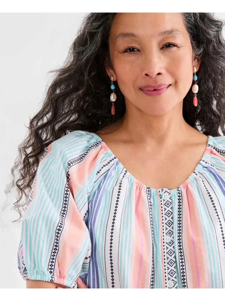 Блуза с коротким рукавом-фонарик с принтом Style & Co, Stripe Turquoise — изображение 3 из 4