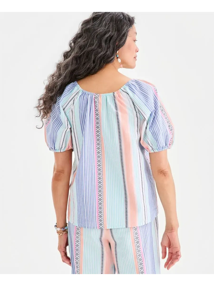 Блуза с коротким рукавом-фонарик с принтом Style & Co, Stripe Turquoise — изображение 4 из 4