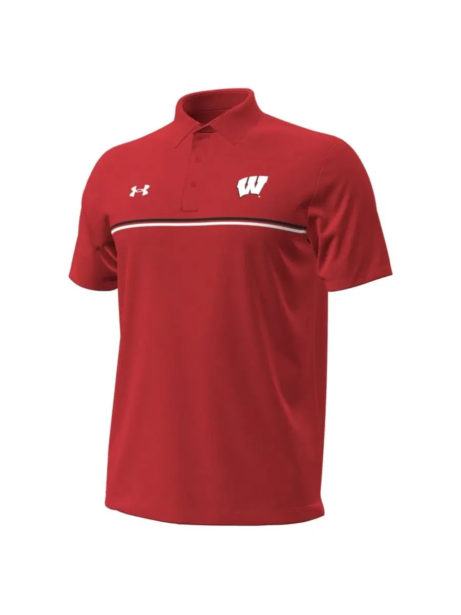 Мужская футболка-поло с принтом Wisconsin Badgers Performance Drive Chest Stripe Under Armour — изображение 3 из 3, красный